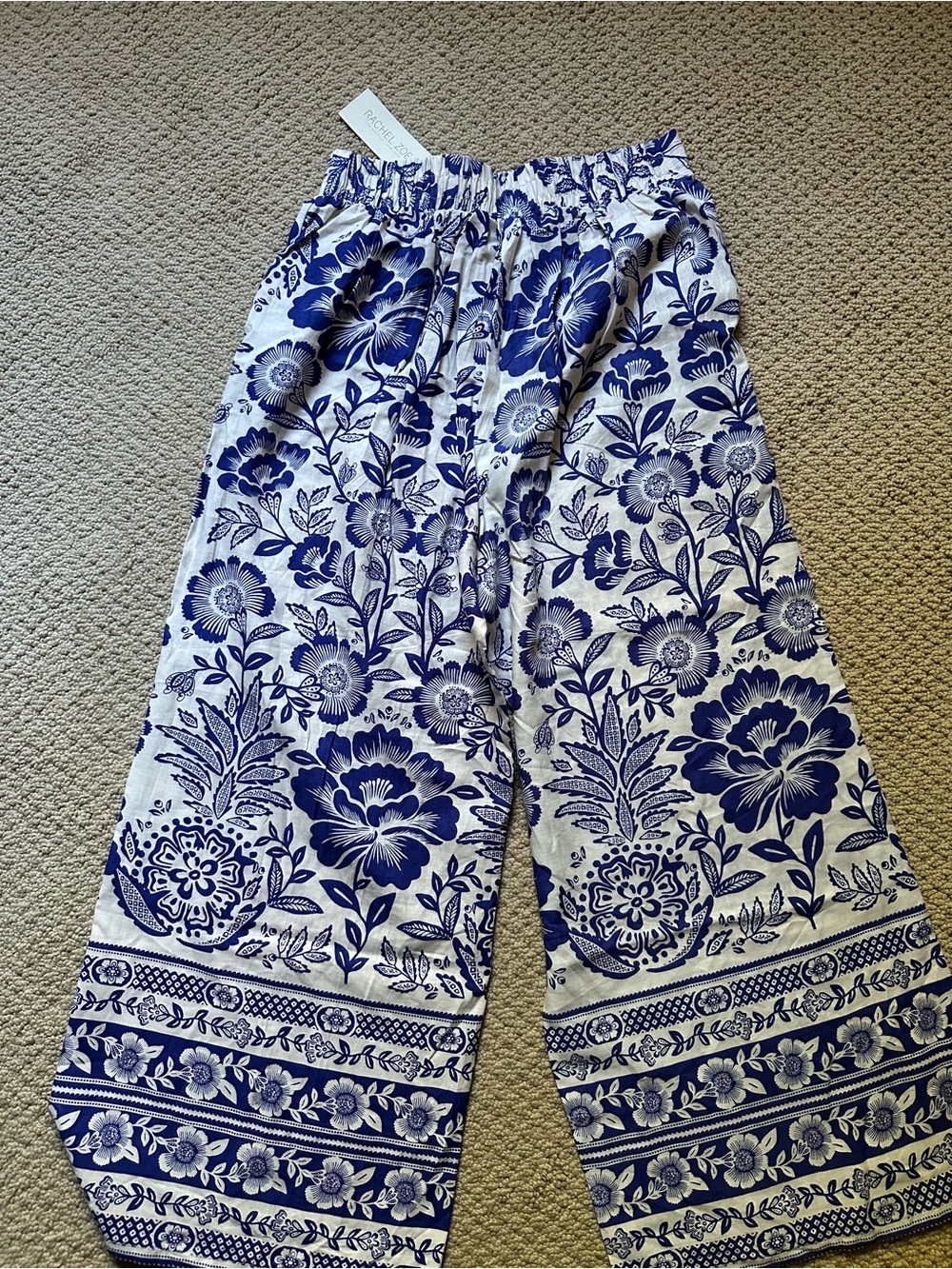NWT Rachel Zoe Linen Blend Palazzo Pants Blue White Floral Coastal Boho Sz S - Picture 9 of 15